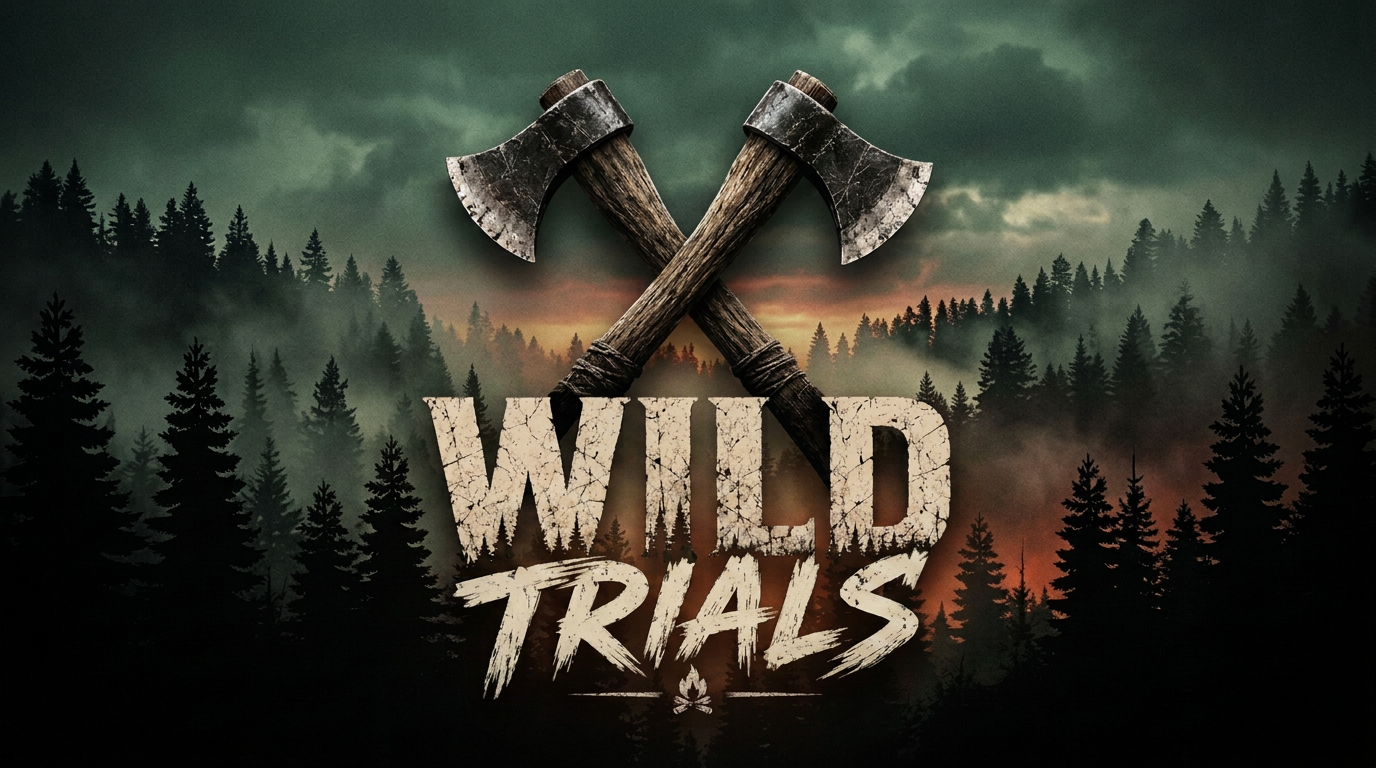 Wild Trials – gekreuzte Äxte über einem nebligen Nadelwald